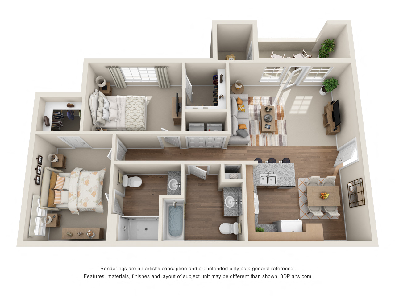 Floor plan for 2 beds, 2 baths, 988 sqft